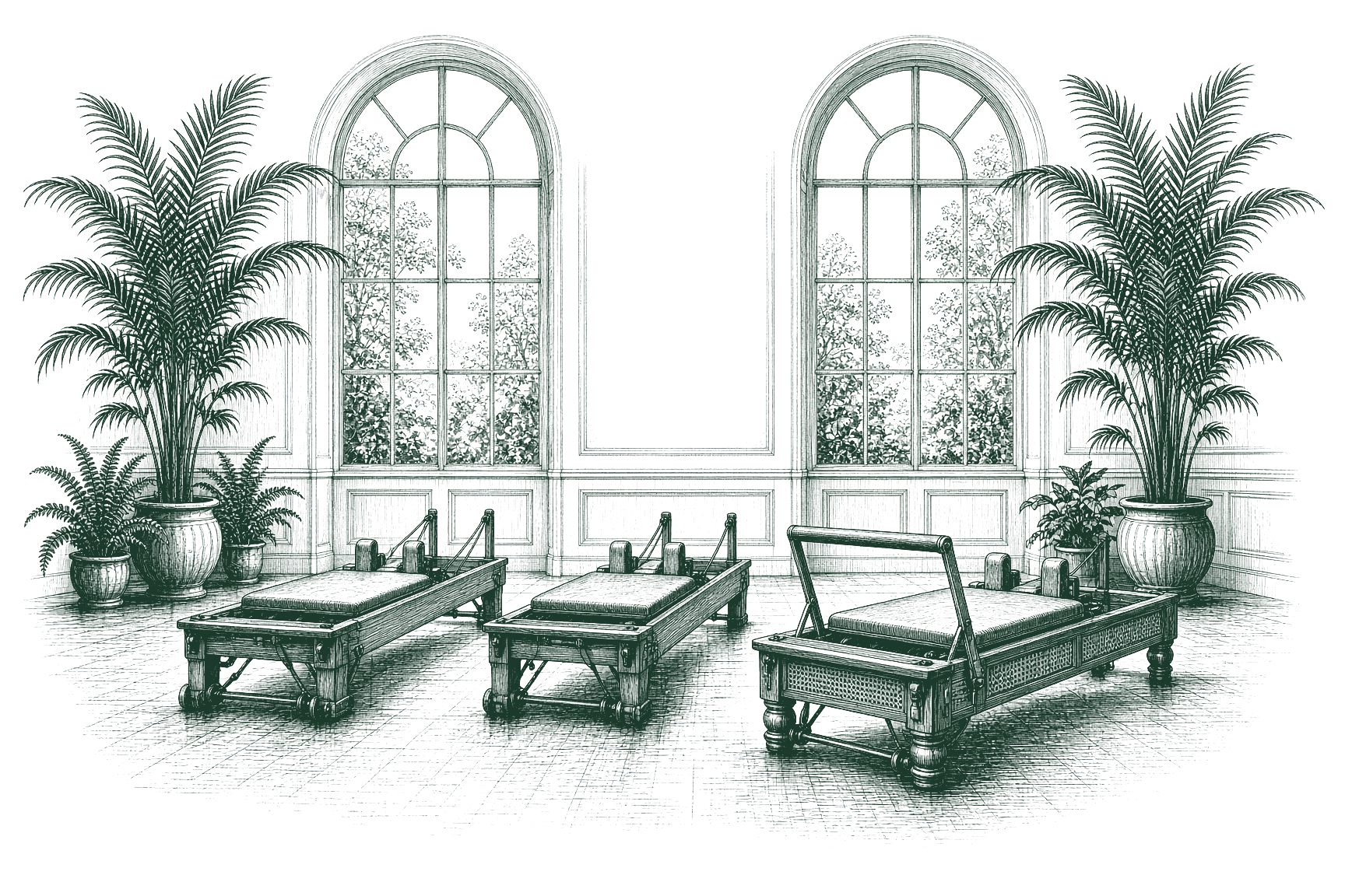 Illustrated view of the Maison de Medusa reformer Pilates studio room in Whitefield, Bangalore